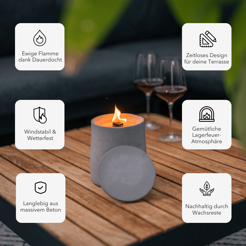 Feuerstelle von Manubeton, FIRE Cozy DEAL, aus Beton mit Flammenmuster, für gemütliche Outdoor-Ambiente, rechteckiges Design