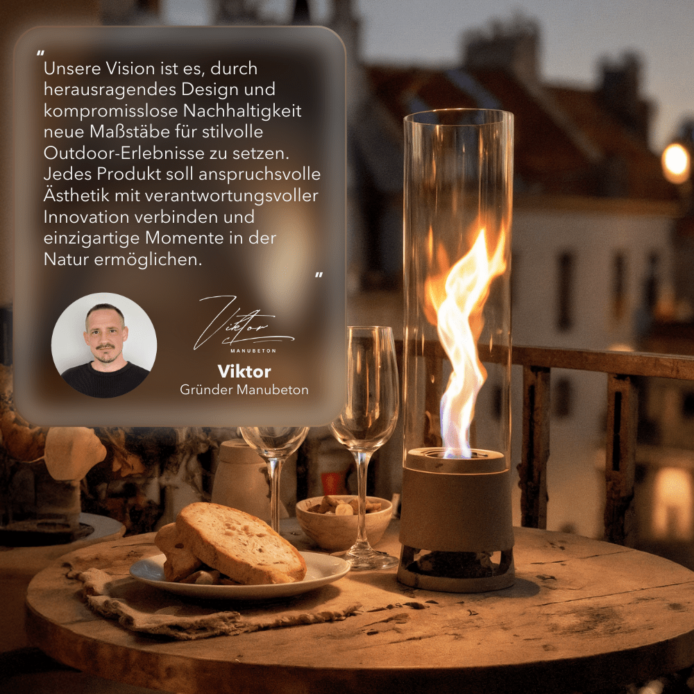 Feuerstelle aus Manubeton, FIRE Cozy DEAL, mit glühendem Feuer und Holzscheiten, wetterfeste Gartenheizung, langlebiges Design