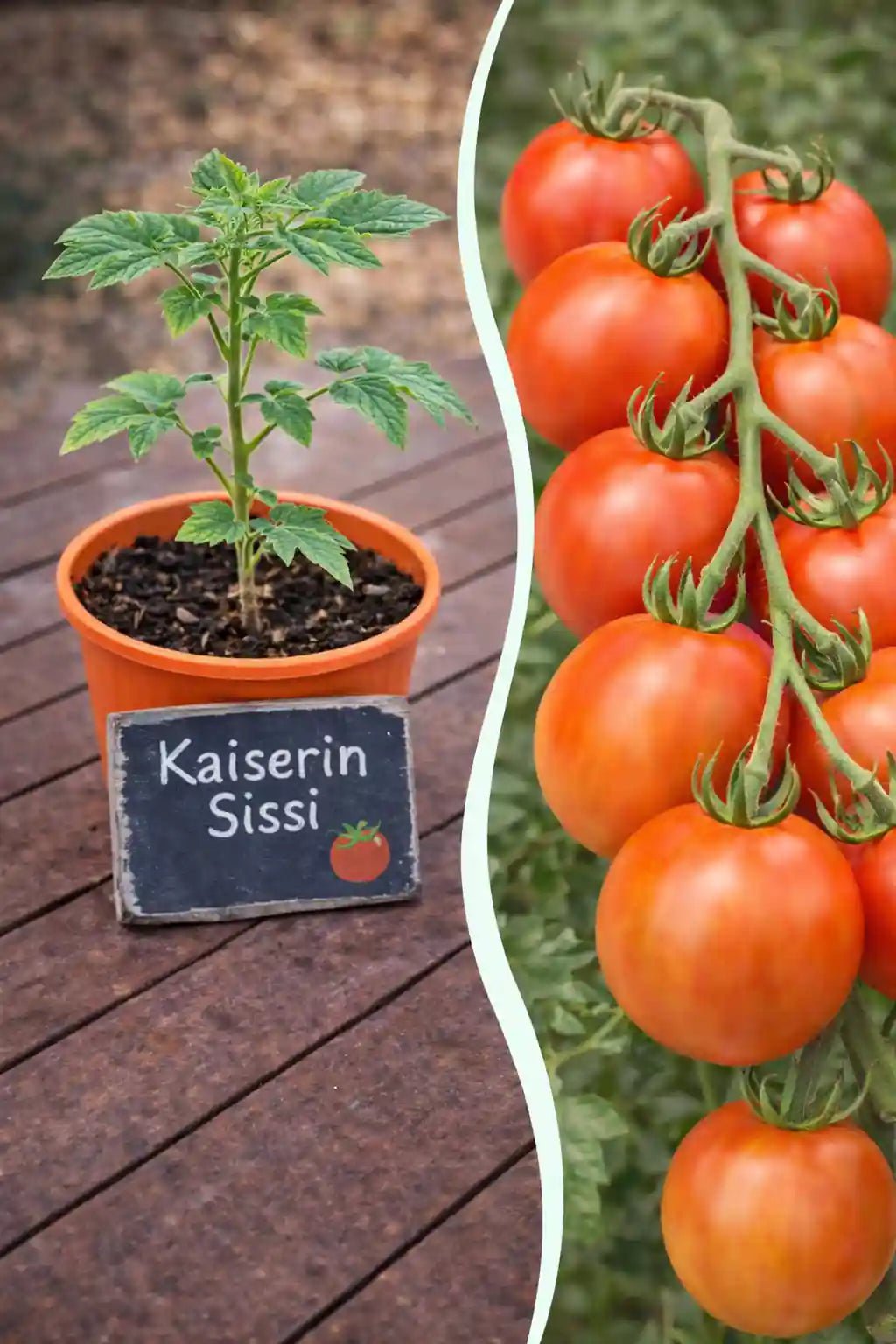 Jungpflanze der Tomate Kaiserin Sissi von Semenlina, grüne junge Pflanze mit gesunden Blättern, ideal für den Gartenanbau