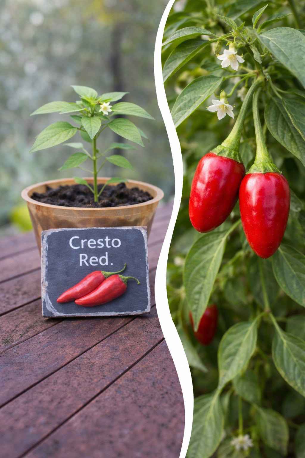 Jungpflanze Chili Cresto Red von Semenlina mit grünen Blättern und jungen roten Chili-Früchten.