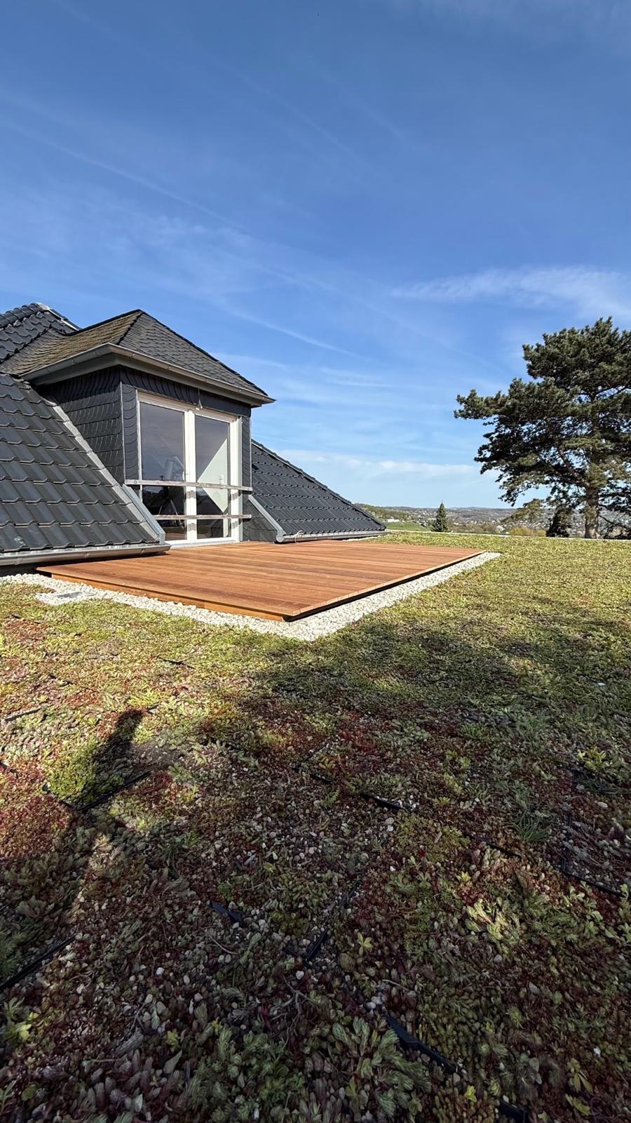 Extensive Dachbegrünung mit Sedum rund um eine Holzterrasse auf dem Flachdach