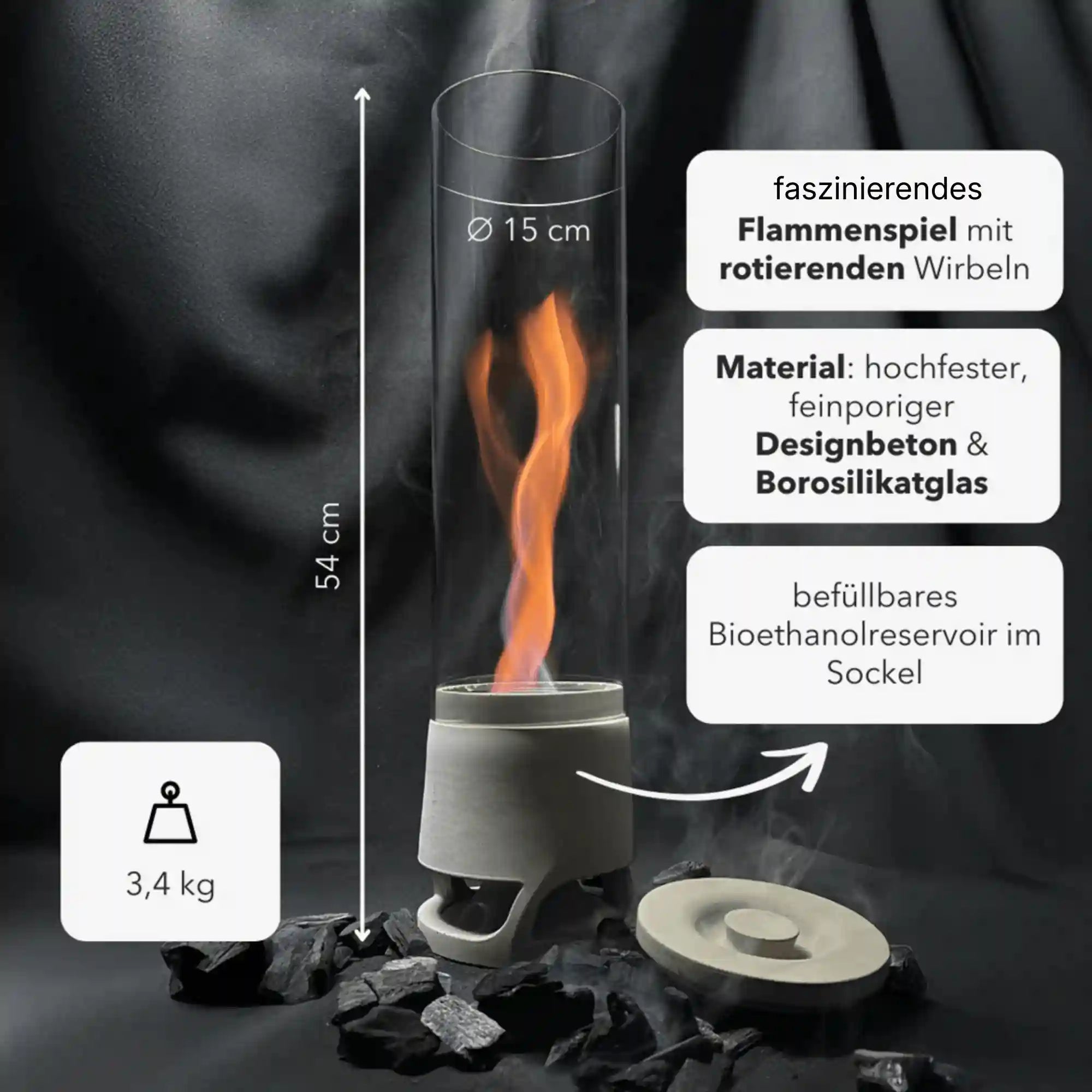 FIRE Cozy DEAL Kaminofen von Manubeton, modernes Design, sichtbare Flammen und Holzofenfunktion in einem stilvollen Raum.