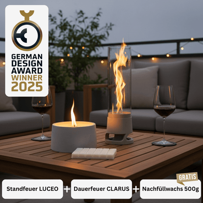 Manubeton FIRE Cozy DEAL Feuerstelle mit Flammen und Holzoptik, wetterfest für Garten und Terrasse