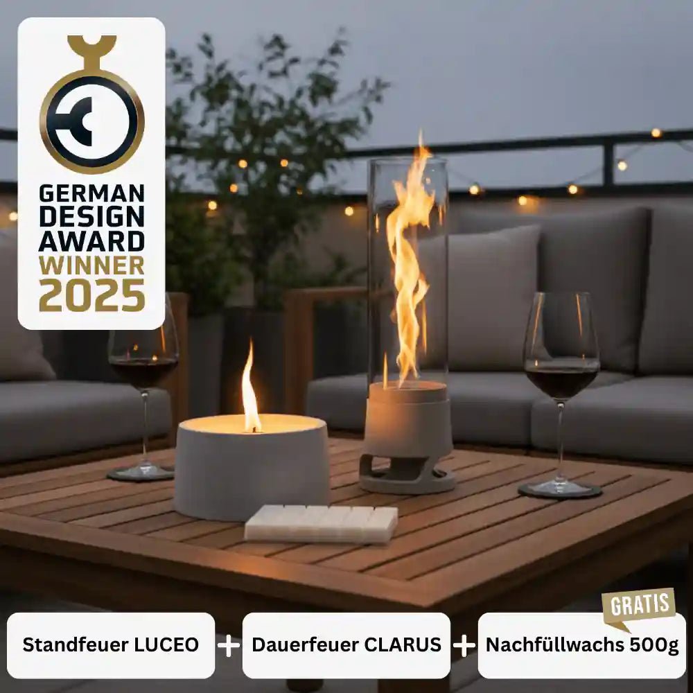 Feuerstelle von Manubeton, FIRE Cozy DEAL, aus robustem Material mit Flammenmuster und glühender Brennkammer, für gemütliche Abende.