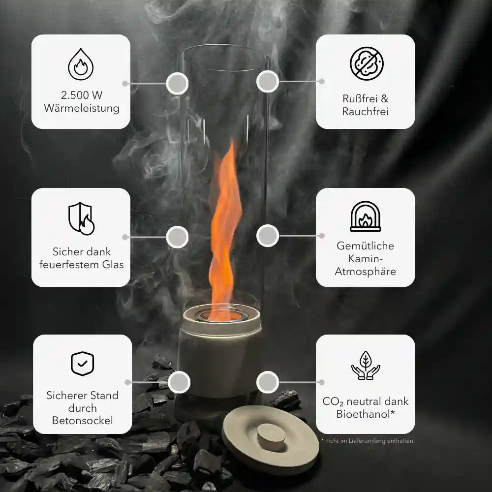 Zwei Feuerfackeln von Manubeton FIRE Cozy DEAL, mit Flammen und rustikalen Griffen, für gemütliche Atmosphäre.