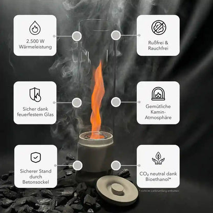 Zwei Feuerfackeln von Manubeton FIRE Cozy DEAL, mit Flammen und rustikalen Griffen, für gemütliche Atmosphäre.