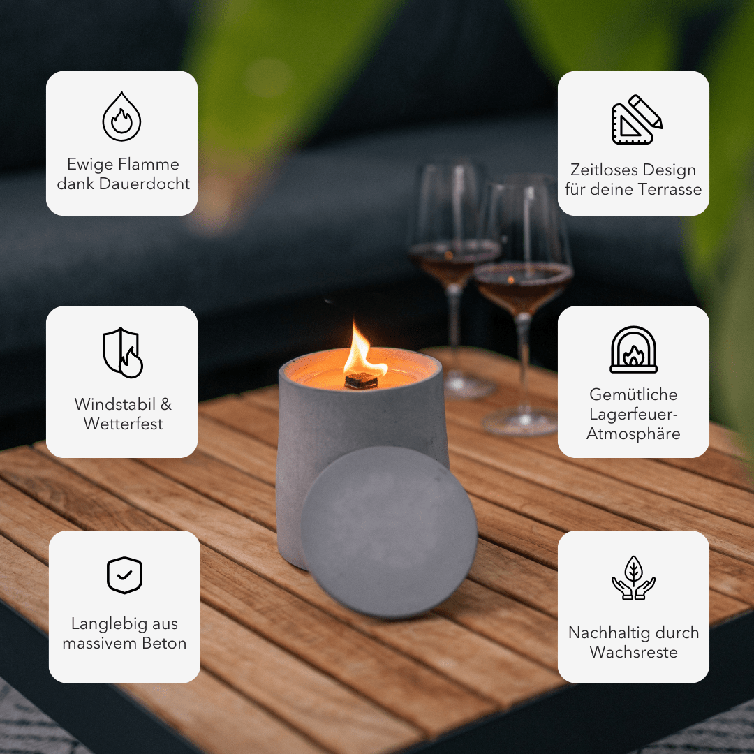 Manubeton Dauerfeuer CLARUS Outdoor Kerze in stilvollem Design, brennend mit warmem Licht im Außenbereich