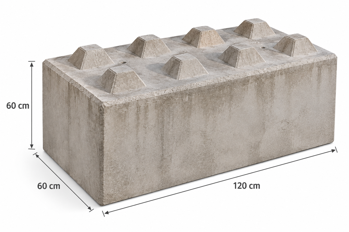 Beton Legostein 120 x 60 x 60 cm mit Noppen und Maßangaben