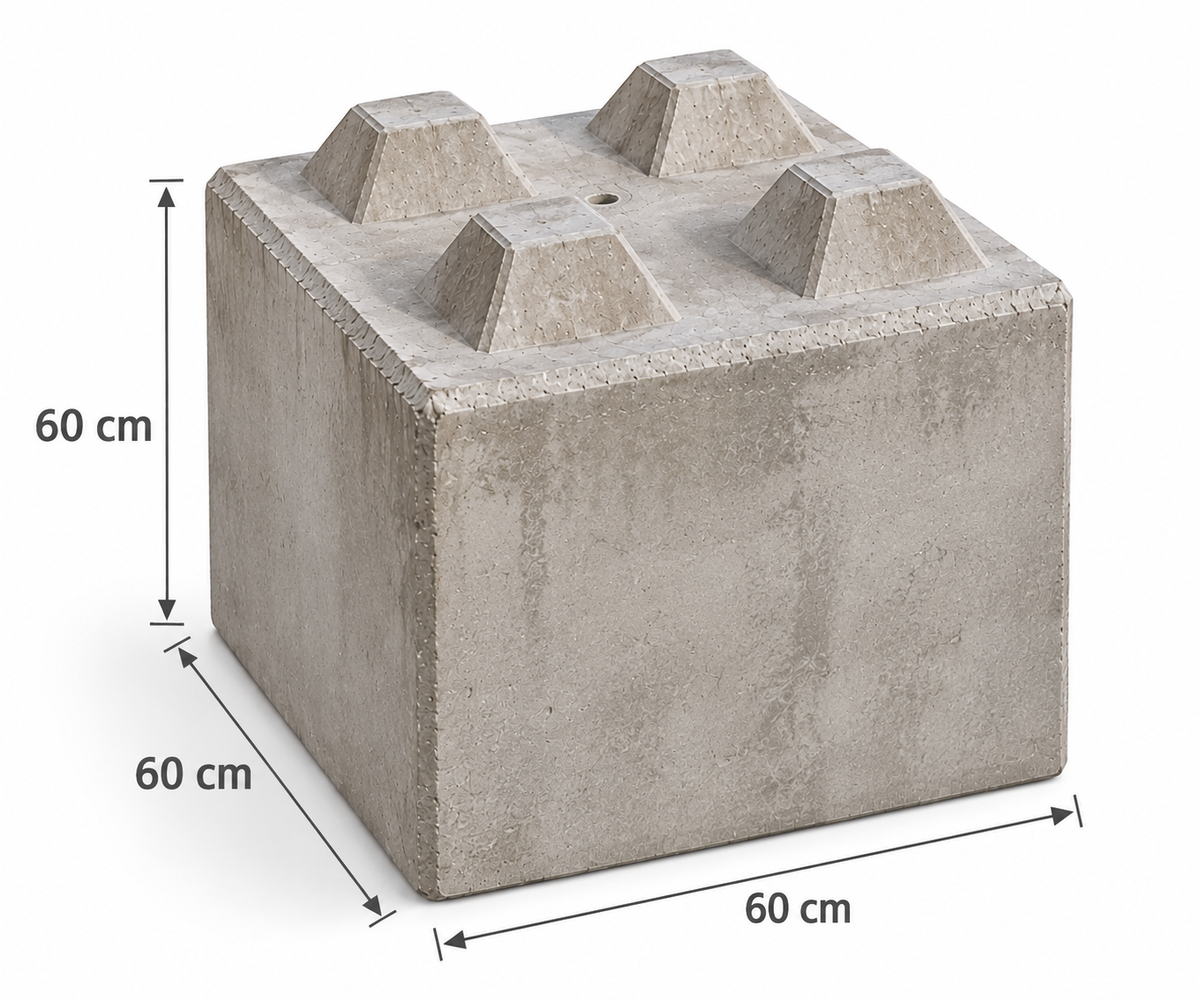 Beton Legostein 60 x 60 x 60 cm mit Noppen und Maßangaben