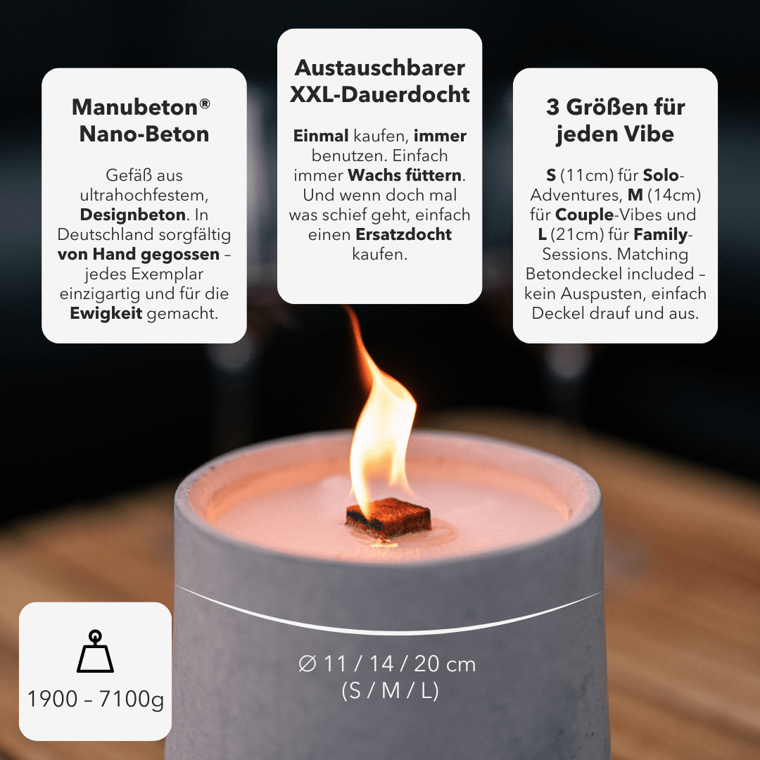Manubeton Dauerfeuer CLARUS Outdoor Kerze mit Flammen, ideal für den Außenbereich, in einer schwarzen Kerzenhülle.