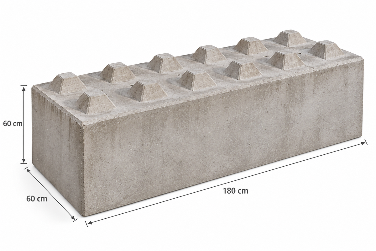 Beton Legostein 180 x 60 x 60 cm mit Noppen und Maßangaben