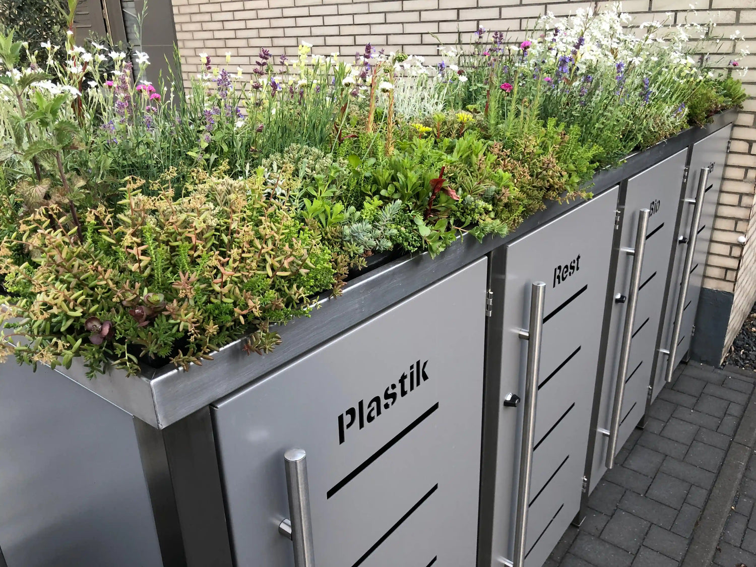 Wurzelwerk Design Plantile Dachbegrünung BioTop+ mit 10 Blühstauden auf begrüntem Dach, grüne Pflanzen und bunte Blüten sichtbar