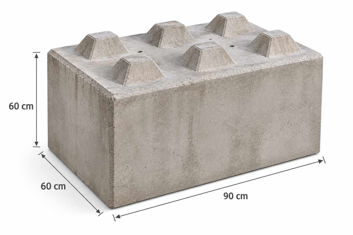 Beton Legostein 90 x 60 x 60 cm mit Noppen und Maßangaben