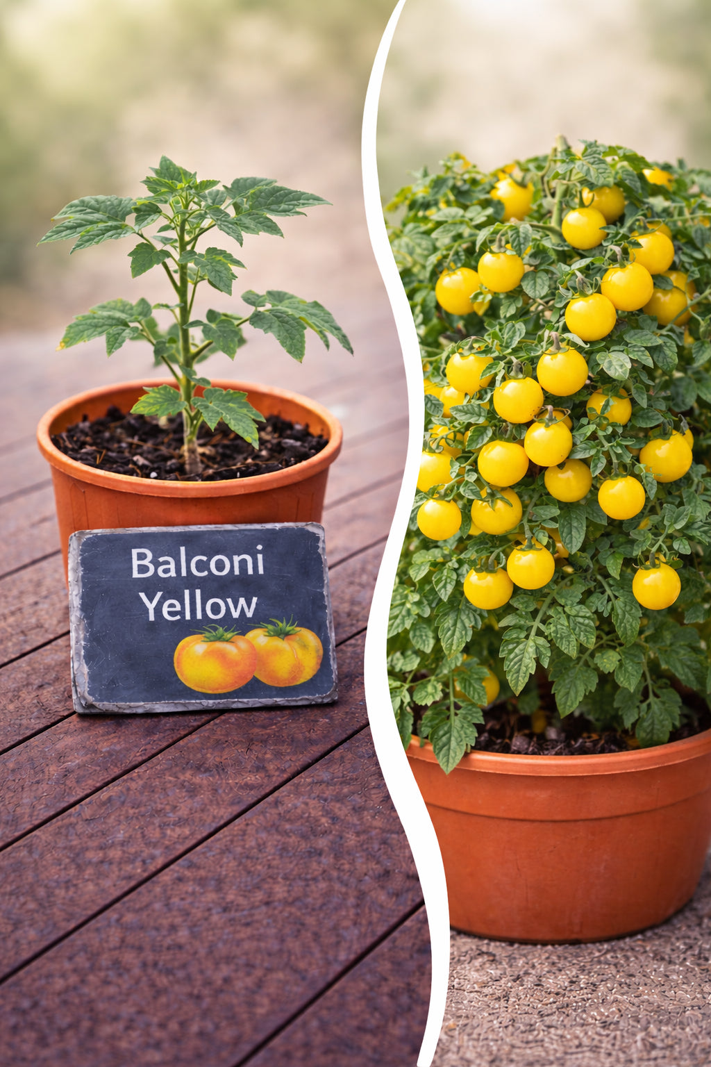 Jungpflanze der Tomate Balconi Yellow von Semenlina, junge Tomatenpflanze mit grünen Blättern und gelben Früchten.