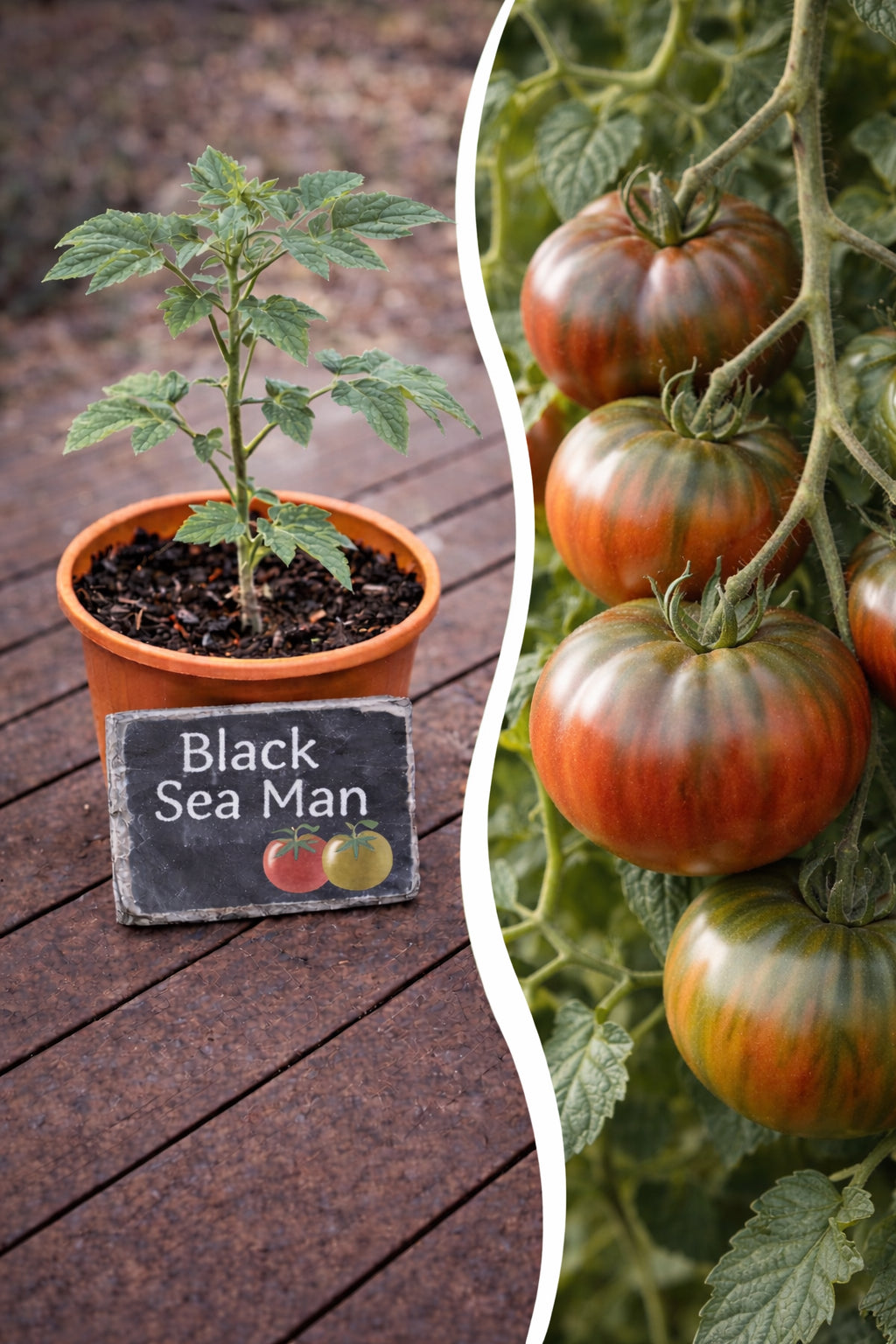 Jungpflanze Tomate Black Sea Man von Semenlina, frisch und gesund, mit grünen Blättern und kleinen Tomatenknospen sichtbar