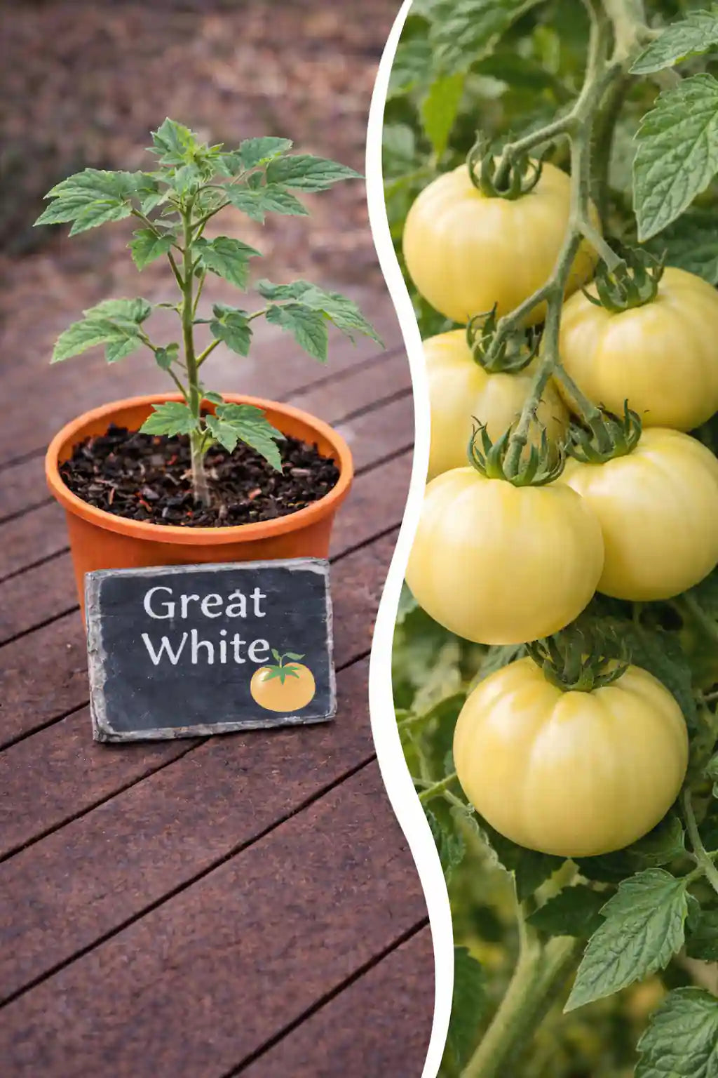 Jungpflanze der Tomate Great White von Semenlina, frisch und gesund, mit grünen Blättern und jungen Trieben.