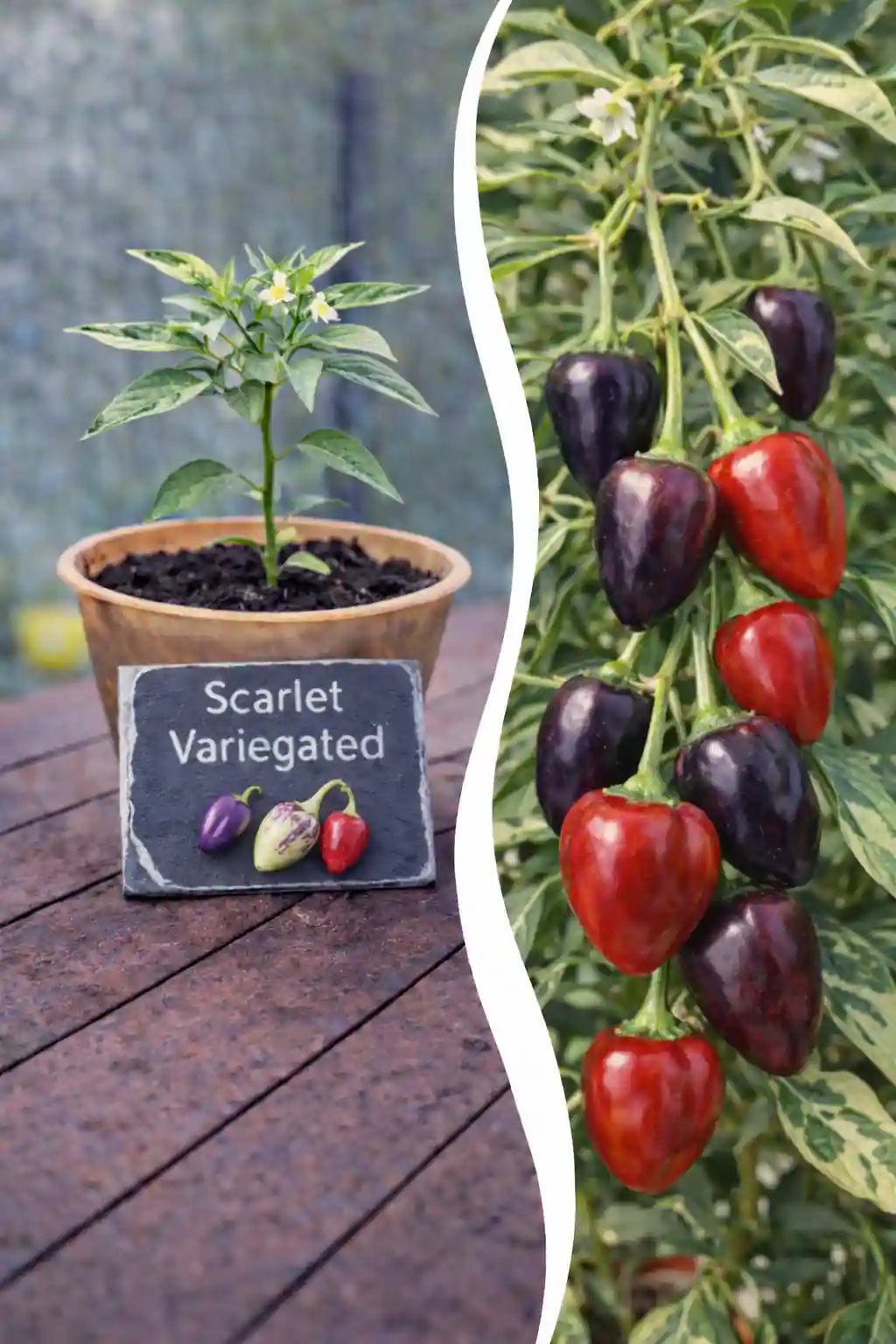 Jungpflanze Chili Scarlett Variegated von Semenlina, junge Chili-Pflanze mit bunten Blättern, im Topf auf einem Gartentisch.