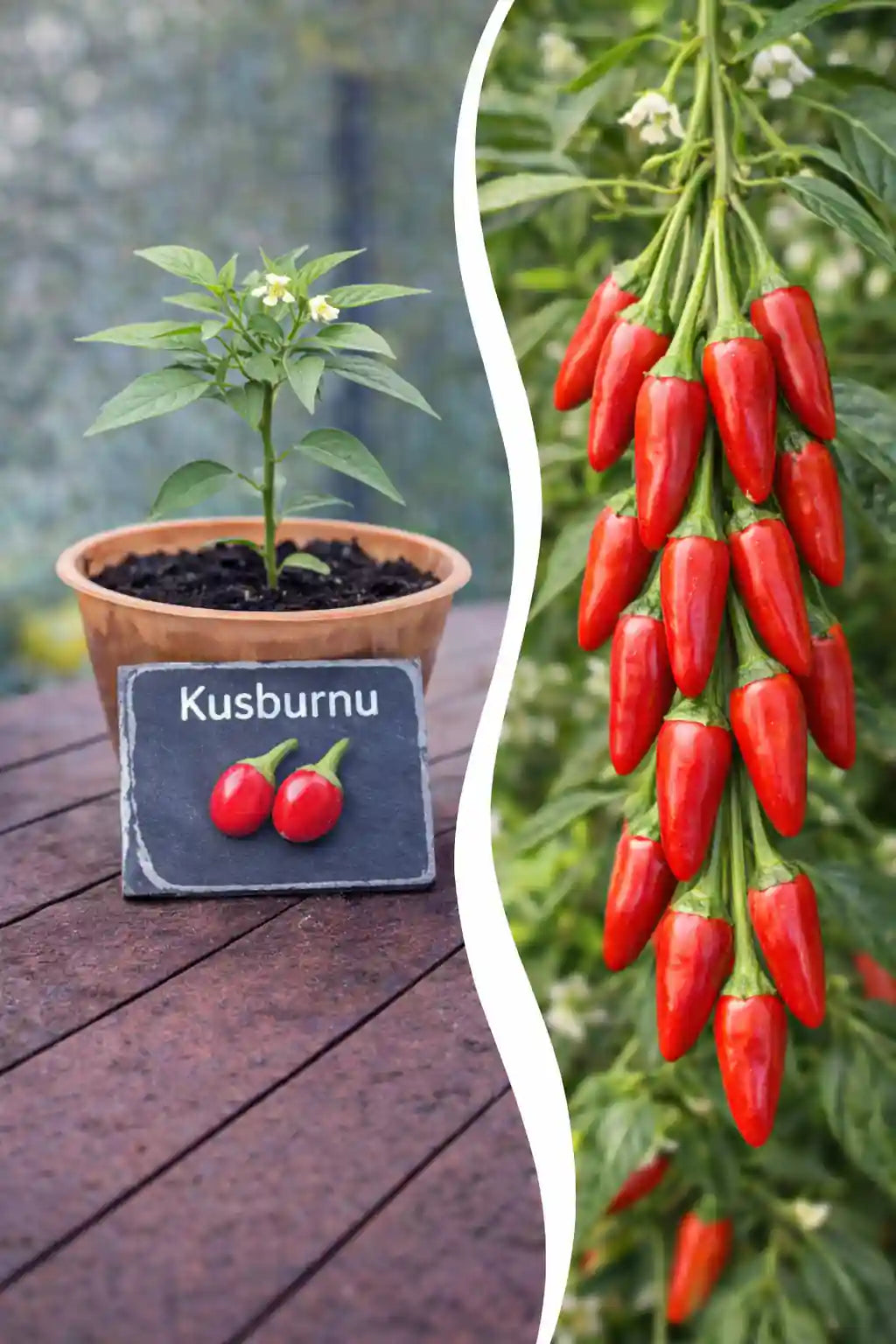 Jungpflanze Chili Kusburnu von Semenlina, grüne Chili-Pflanze in Töpfen, junge Chili-Samenpflanze, frisch und gesund.