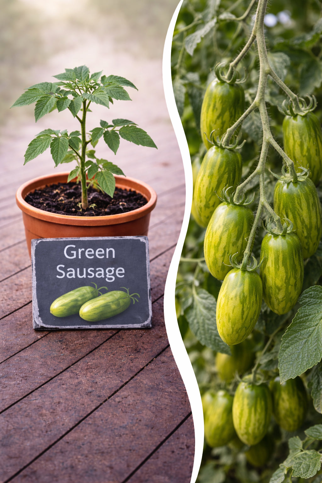 Jungpflanze der Tomate Green Sausage von Semenlina, junge Tomatenpflanze mit grünen, länglichen Früchten, im Topf.