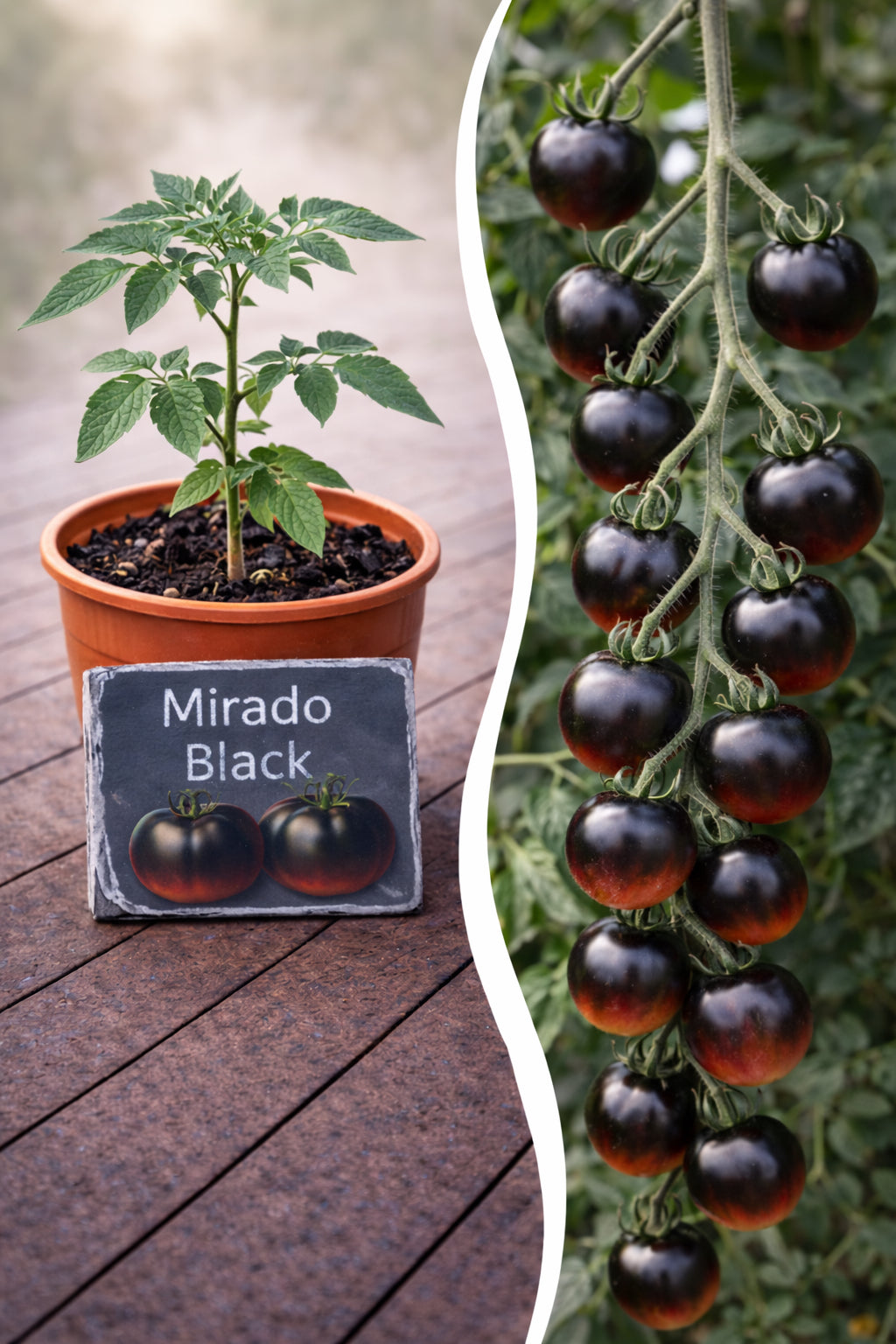 Jungpflanze Tomate Mirado Black von Semenlina, junge Tomatenpflanze mit dunklen Blättern und gesunden Trieben.