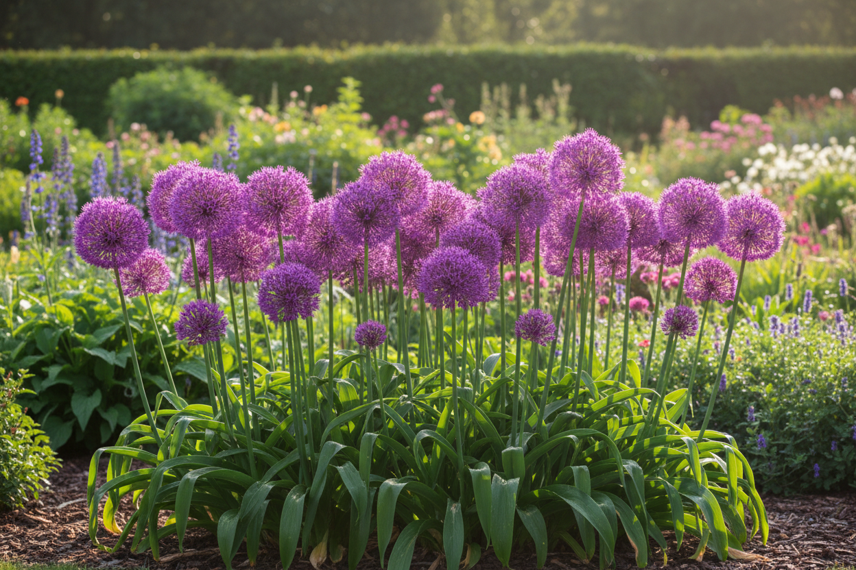 Blühender Zierlauch (Allium) in einem gemischten Staudenbeet – Blumenzwiebeln im Herbst gesetzt
