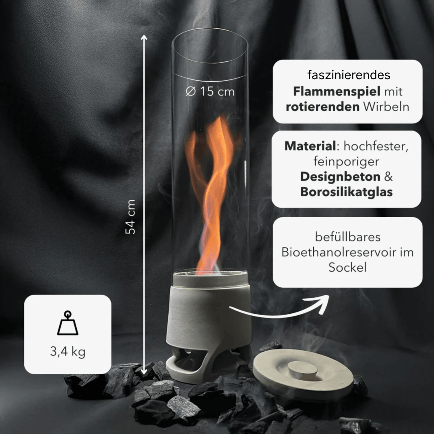 FIRE Cozy DEAL von Manubeton, ein gemütlicher Kaminofen mit modernem Design und sichtbarer Flammenanzeige.