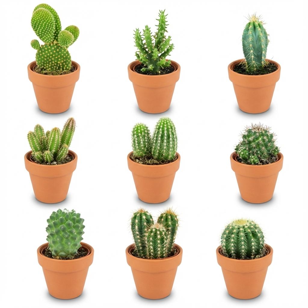 Mini Kakteen Mix in Terrakottatöpfen, 9 Stück, Ø 8,1 cm, Höhe 5-10 cm, von Everspring, natürliche Pflanzen für drinnen.