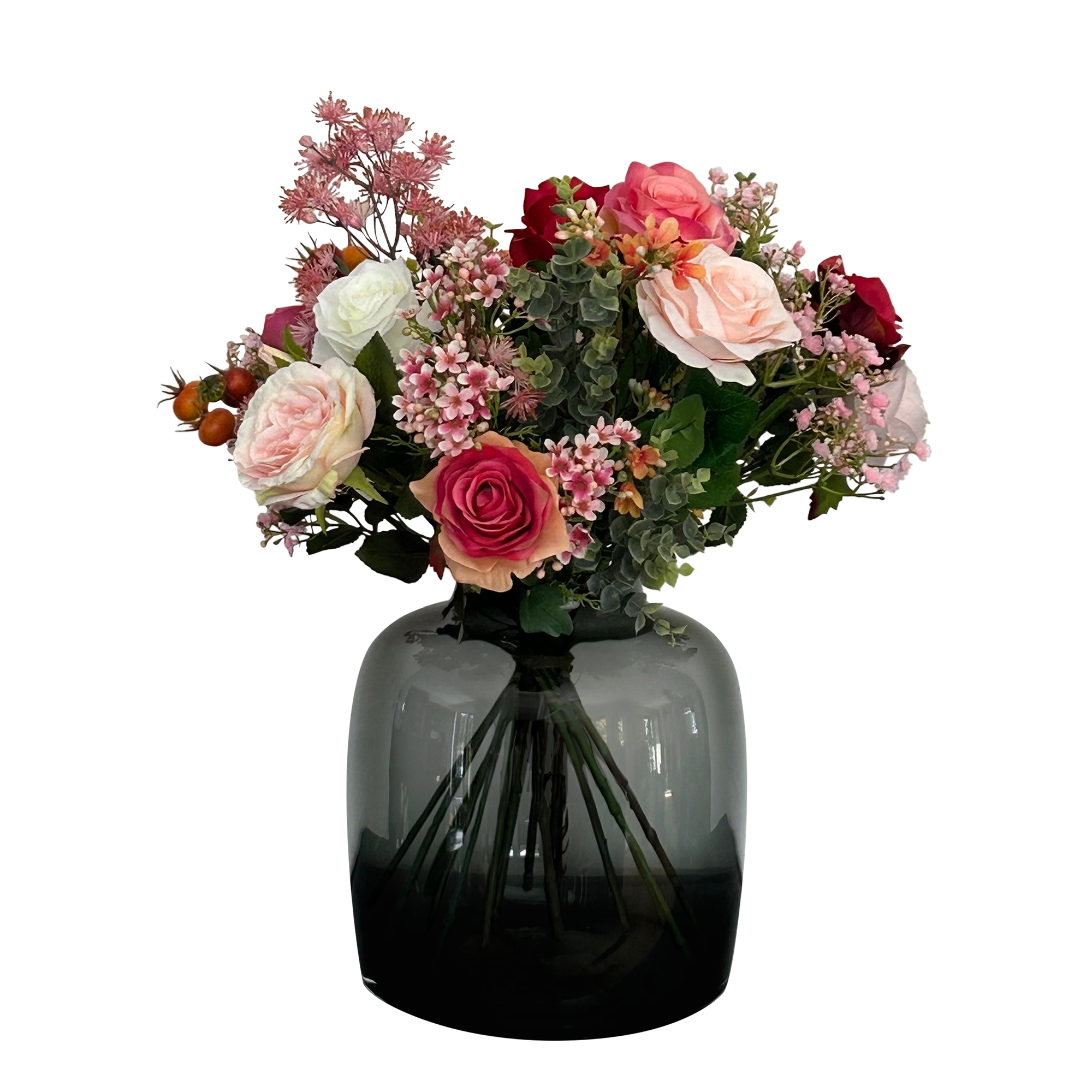 Kunstblumen Bouquet M Flame Roses von Everspring, 45 cm hohe, rote und orangefarbene Seidenrosen, realistische Blumenoptik