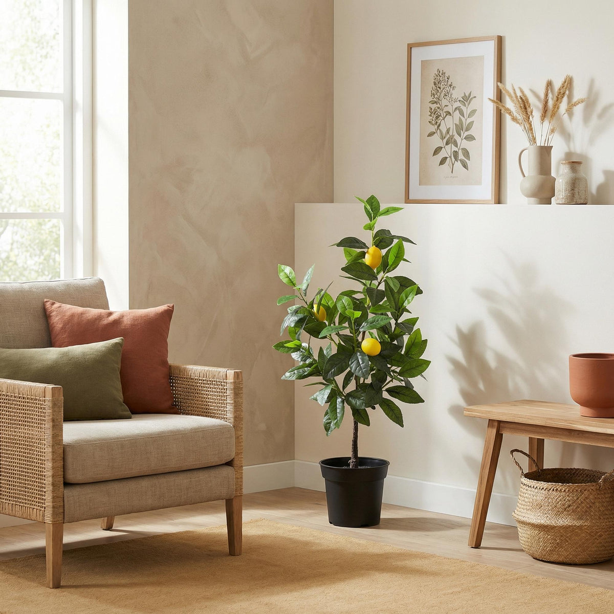Kunstpflanze Zitronenbaum von Everspring, 65cm oder 150cm hoch, detailreiche grüne Blätter und gelbe Zitronen an Zweigen