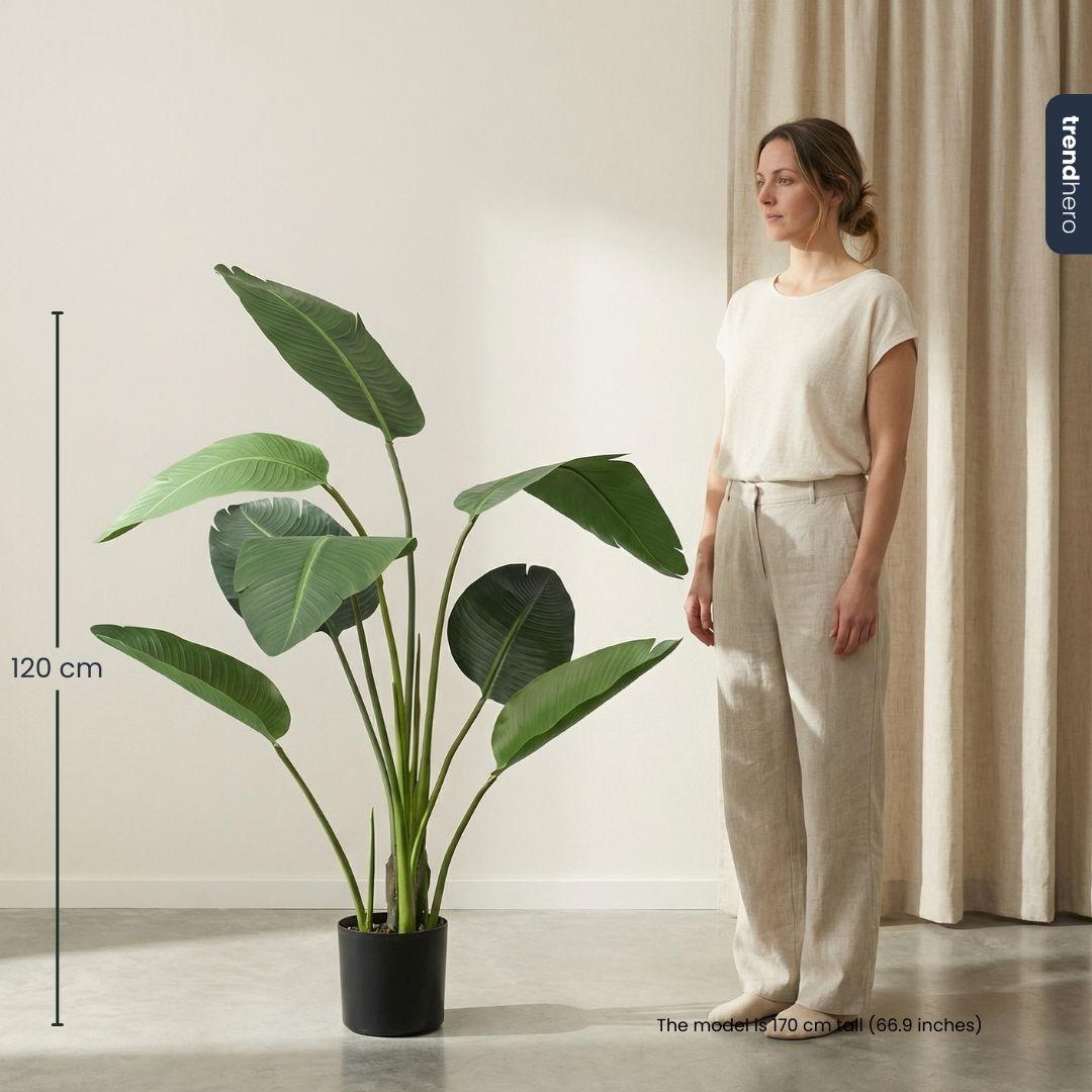 Kunstpflanze Strelitzie in schwarzem Topf, 120 cm hoch, Everspring, detailreiche grüne und schwarze Blüten, dekoratives Pflanzenbild