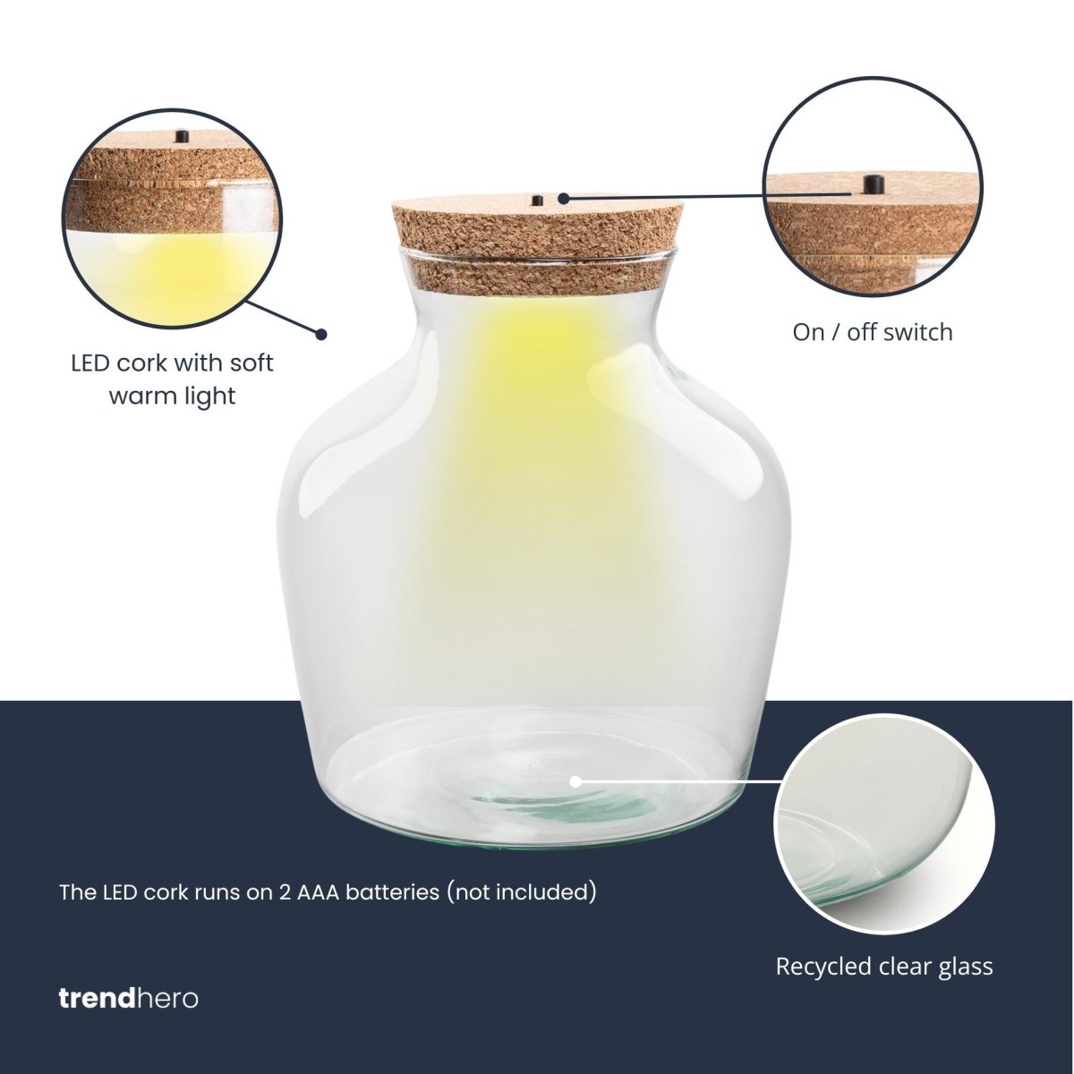 Terrarienflasche mit LED - Beleuchtung - Öffnet ein Terrarium - Little Joe - ↑ 22 cm - Ø 20 cm - Wurzelwerk Design