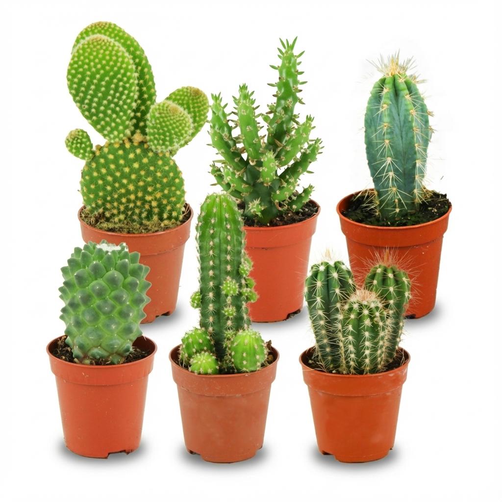 Mini Kakteen Set von Everspring, 6 kleine Sukkulenten, Ø 5,5 cm, Höhe 5-10 cm, in verschiedenen Formen und Grüntönen.