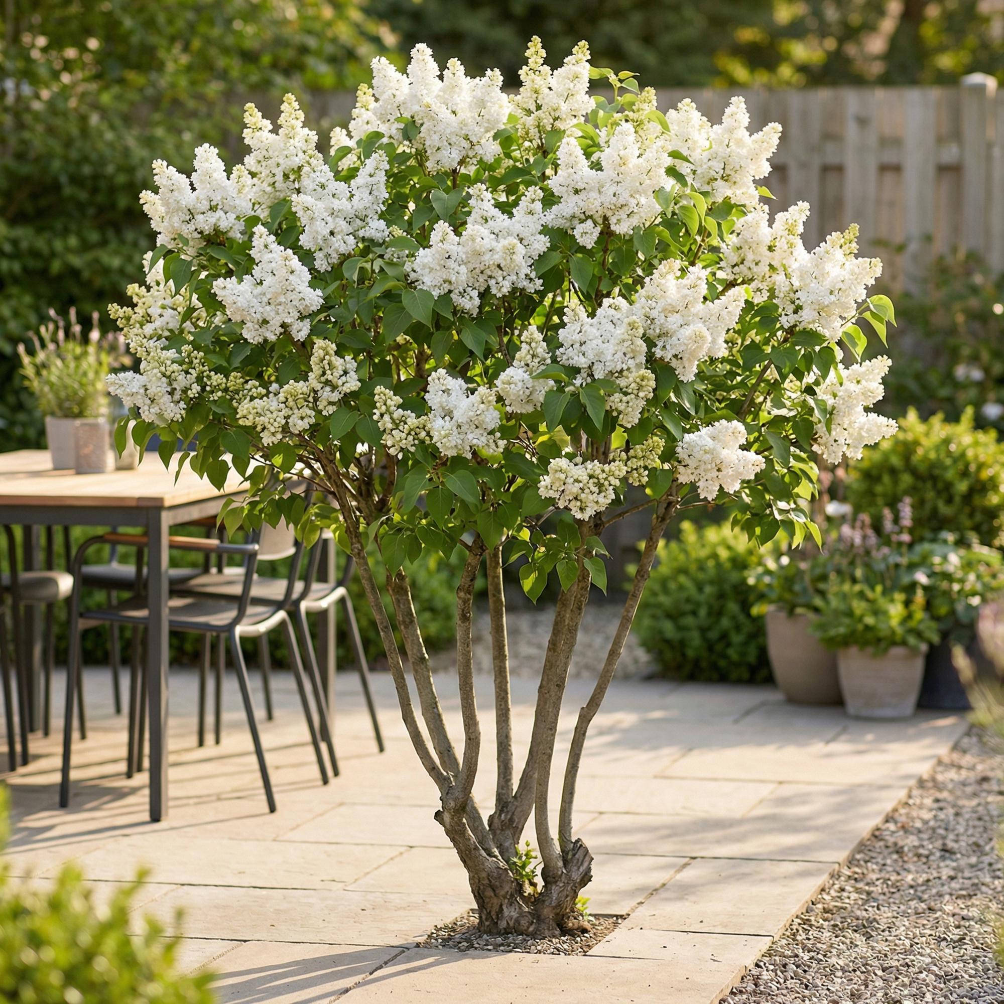 Everspring Syringa vulgaris Mme Lemoine, weiße Fliederpflanze im 17cm Topf, 45cm hoch, winterhart, Blüten und grüne Blätter sichtbar