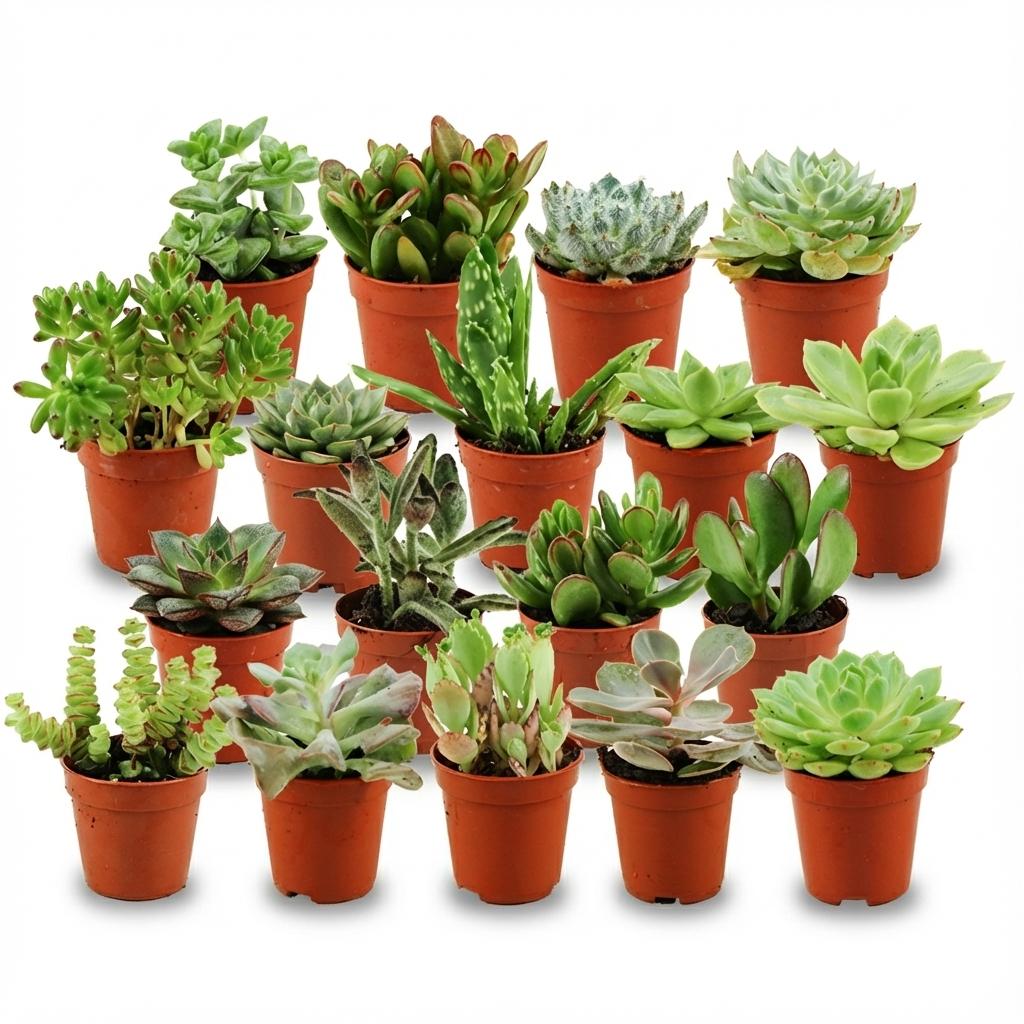 Mini Sukkulenten-Mix von Everspring, 18 kleine Pflanzen mit Ø 5,5 cm und 5-10 cm Höhe, auf einem Tisch arrangiert.