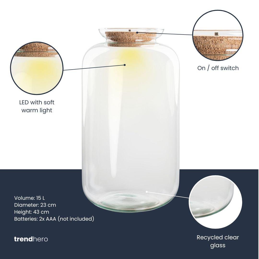 Terrariumflasche Sven XL mit Beleuchtung, Durchmesser 23 cm, Höhe 43 cm, Everspring, transparente Glasflasche mit integrierter Beleuchtung