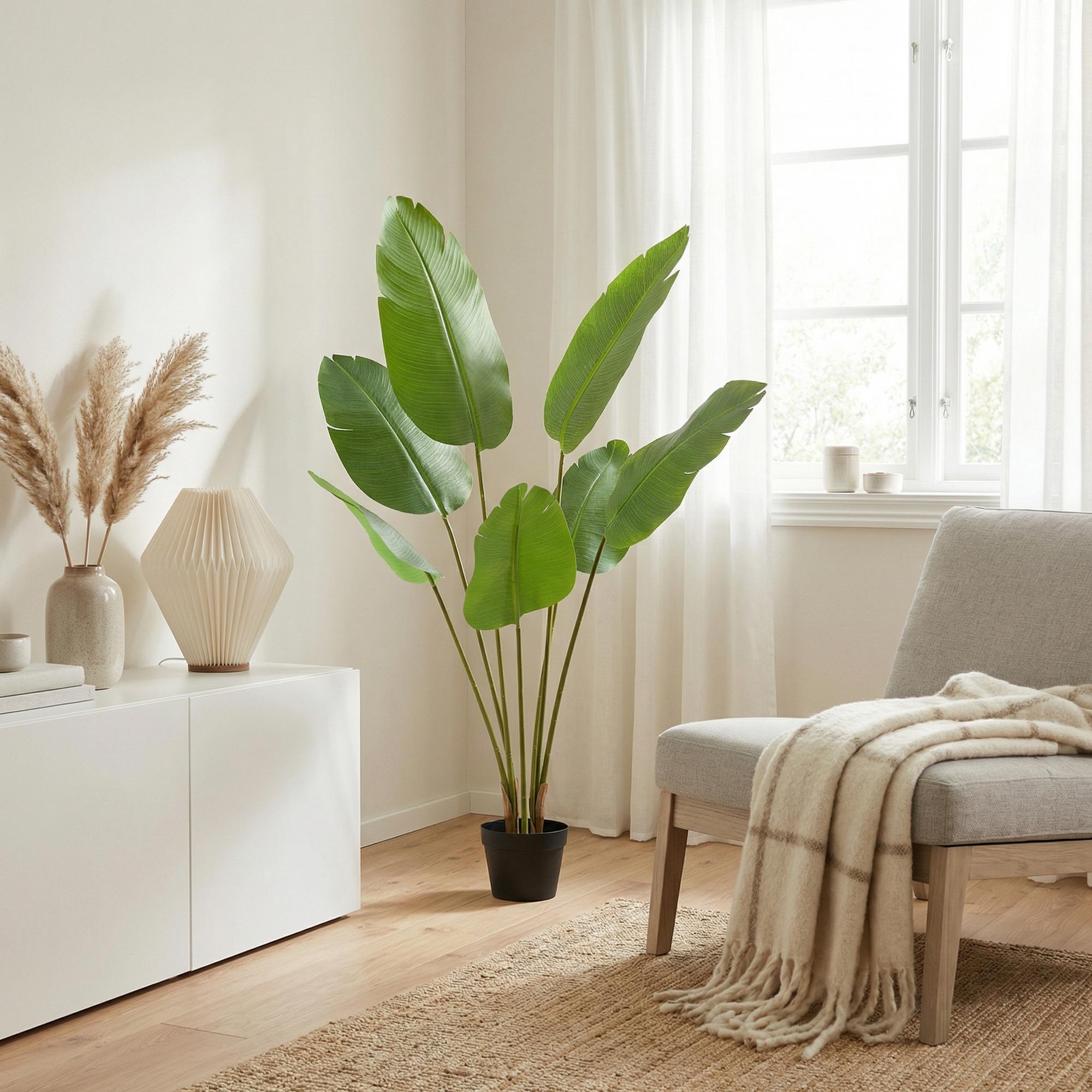 Kunstpflanze Strelitzia Nicolai von Everspring, Paradiesvogelblume, in verschiedenen Größen, detailreiche grüne Blätter.