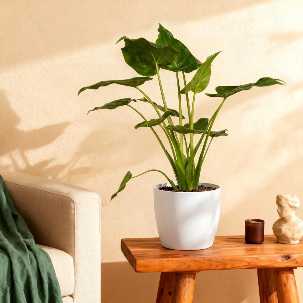 Alocasia Cucullata Buddha-Hand Pflanze in weißem Topf, 65-70 cm hoch, Everspring, grüne Blätter, dekoratives Zimmerpflanzen-Design