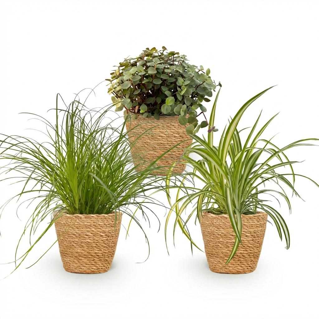 Drei Zimmerpflanzen im weißen, grauen oder Korb-Topf, inklusive Cyperus, Calissia und Chlorophytum, ca. 20 cm hoch.