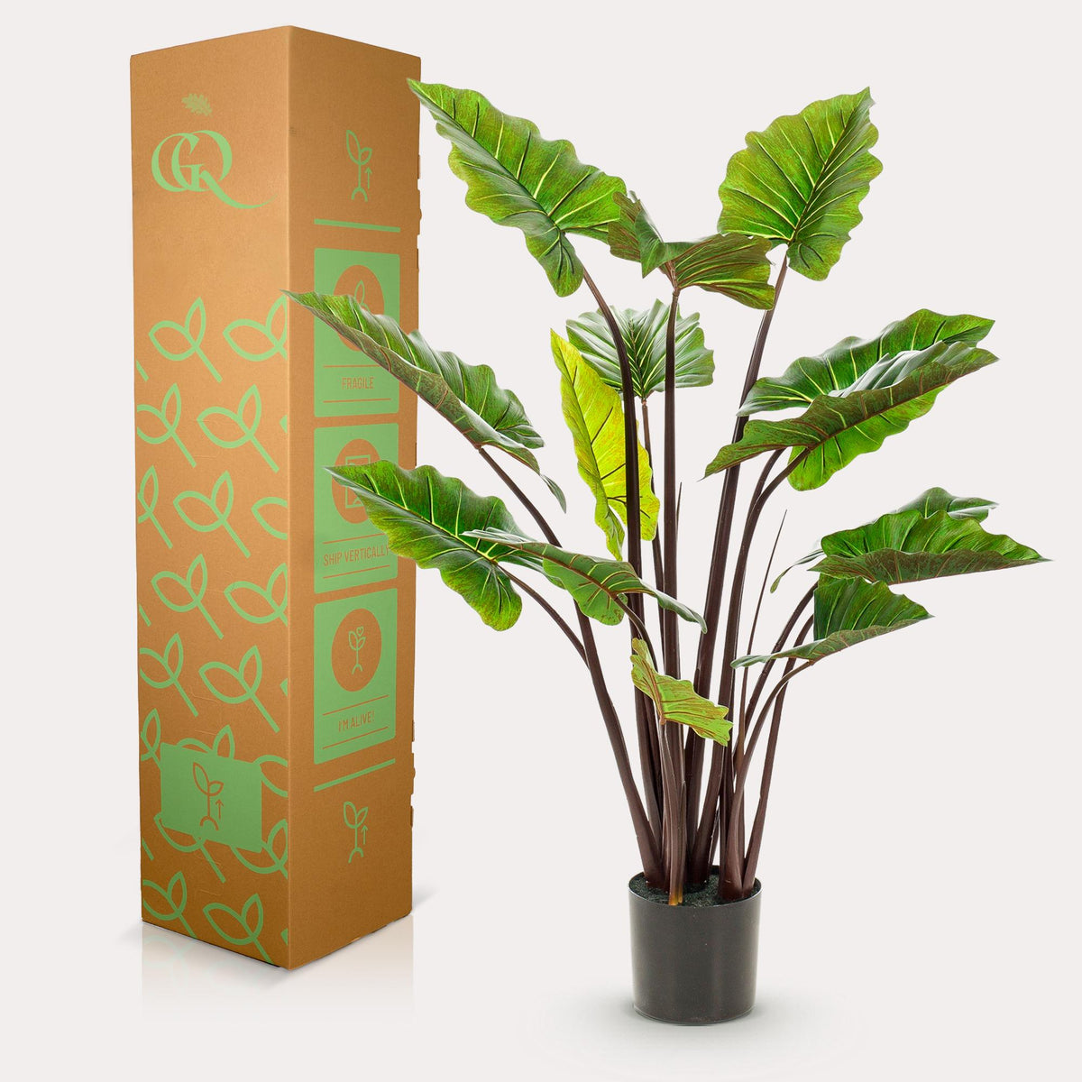 Kunstpflanze Colocasia Pink China, Elefantenohr, 130 cm, Everspring, detailreiche grüne und pinkfarbene Blätter.