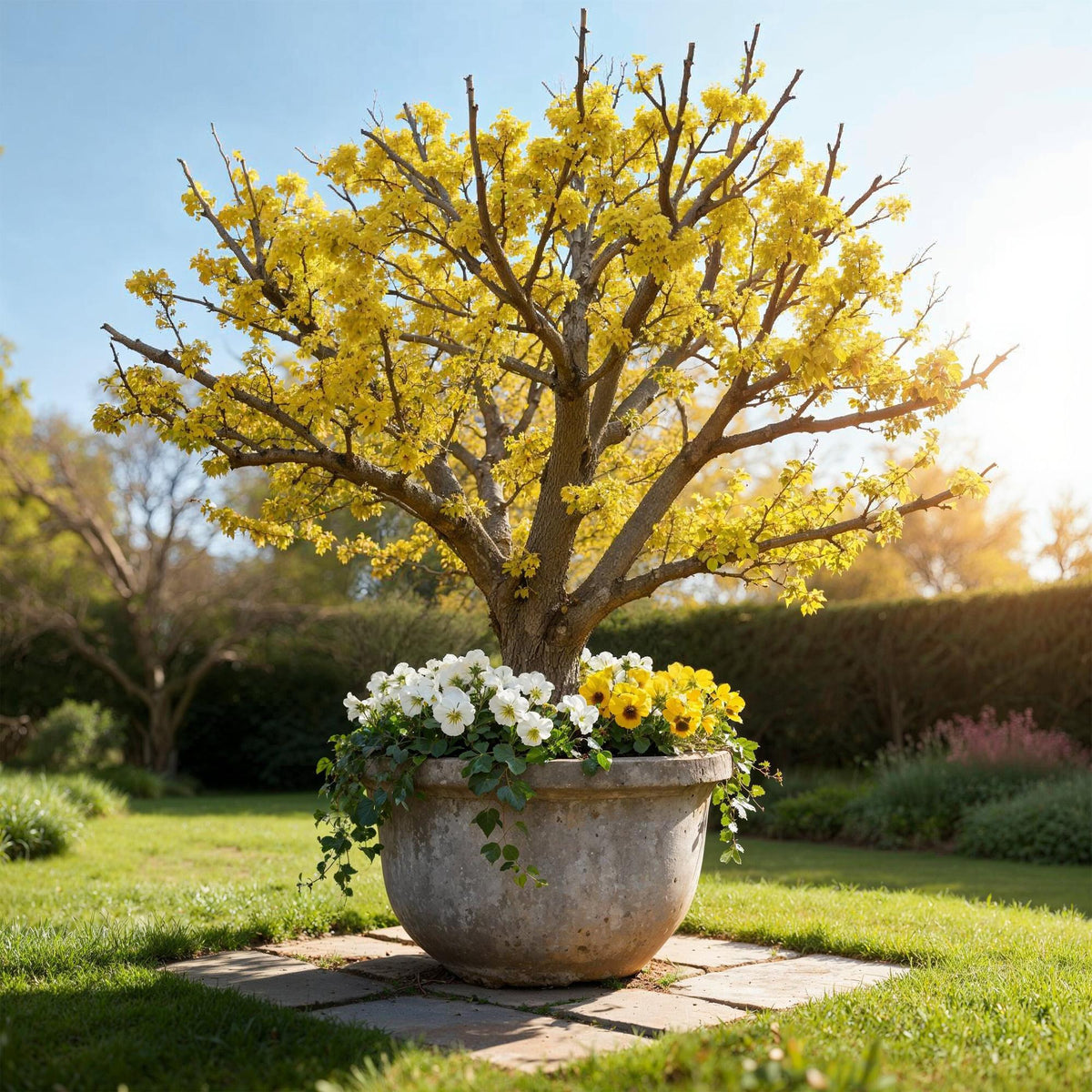 Gelbe Blüte der Cornus mas Pflanze in einem 12cm Topf, Everspring, Höhe ca. 35cm, frisch und blühend