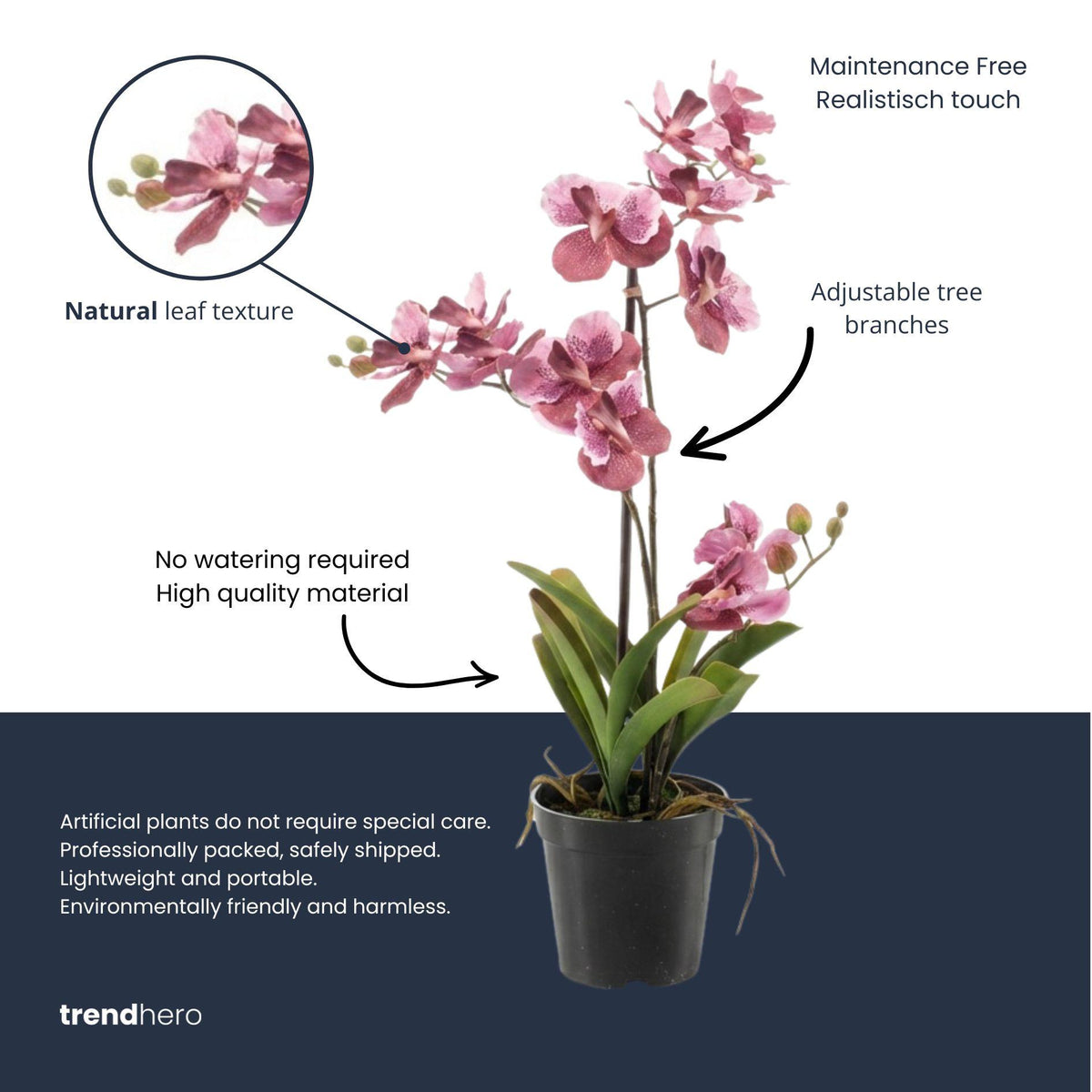 Künstliche Vanda Orchidee 60 cm in altrosa, Everspring, im Topf mit grünen Blättern und farbigen Blüten.