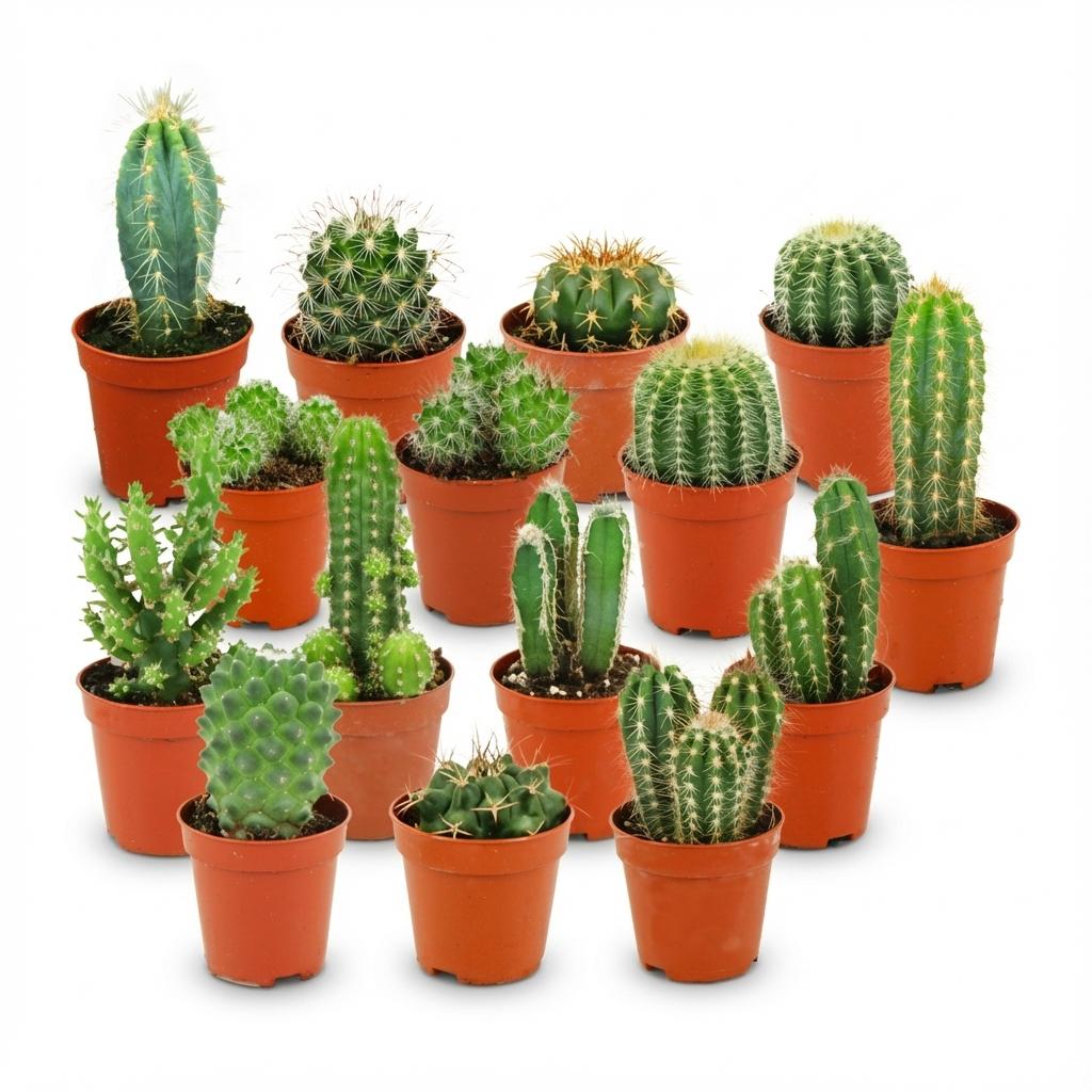Mini Kakteen Set mit 15 kleinen Kakteen in verschiedenen Formen, Durchmesser 5,5 cm, Höhe 5-10 cm, von Everspring