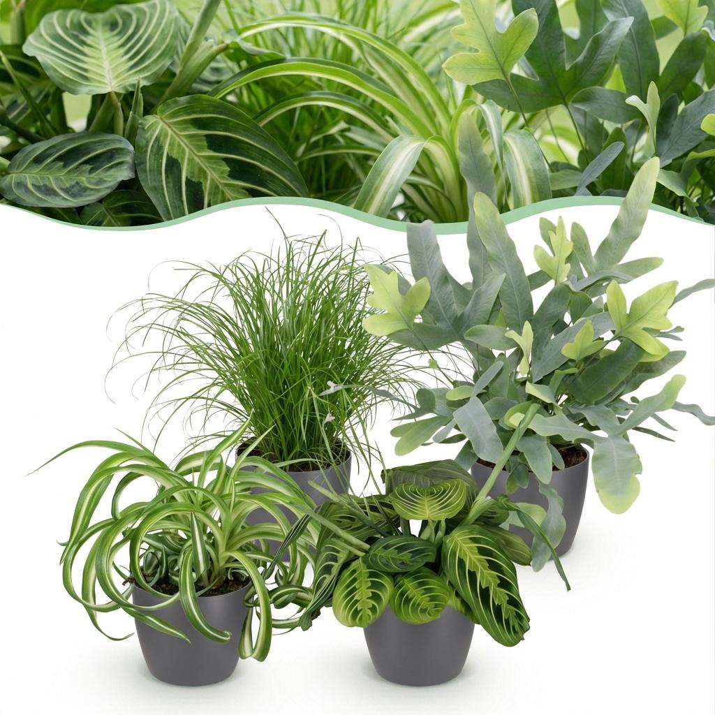 Vier Zimmerpflanzen-Set mit Chlorophytum, Cyperus, Phlebodium und Marantha in grauer, weißer oder Korb-Pot, ca. 25cm hoch.