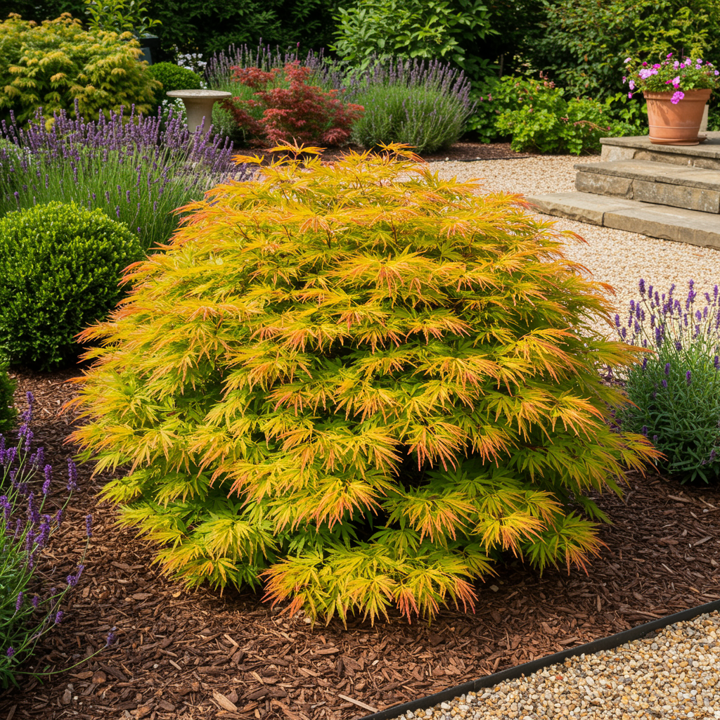 Zwei japanische Acer palmatum Summergold Ahornbäume mit gelben Blättern, topf 19cm, Höhe 70cm, laubabwerfend, von Everspring.