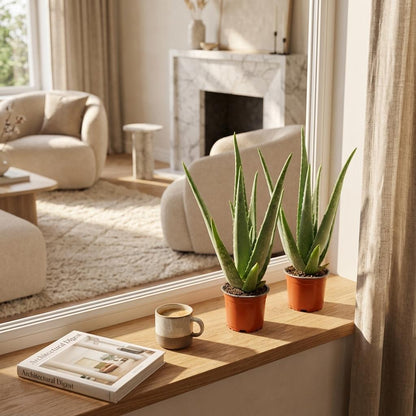 Zwei Aloe Vera Pflanzen von Everspring, Ø 10,5 cm, Höhe 35-40 cm, grüne Sukkulenten in Töpfen auf heller Oberfläche
