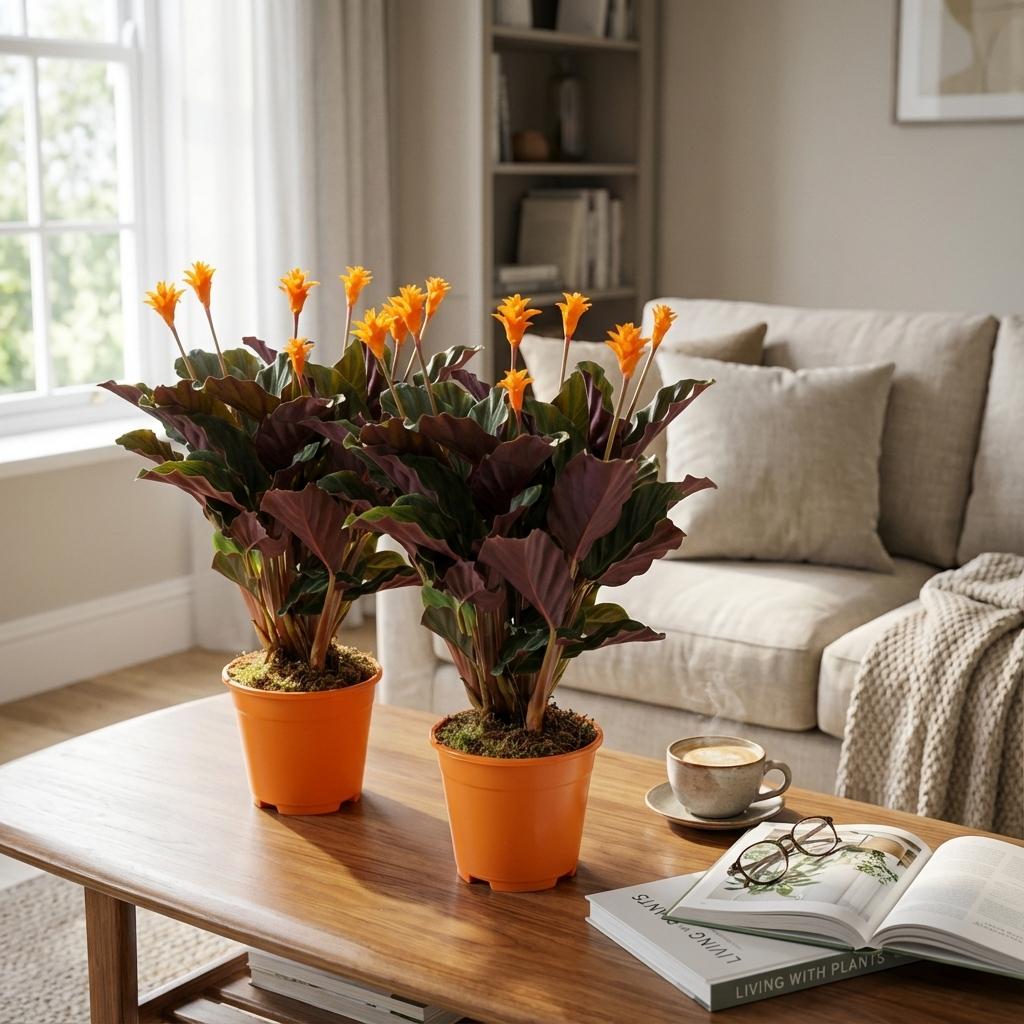 Zwei Calathea Crocata Pflanzen im Topf, 14 cm Durchmesser, Höhe 40-45 cm, mit grünen Blättern und orangefarbenen Blüten.