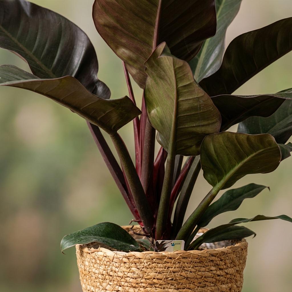 Grüne Philodendron Imperial Red Zimmerpflanze von Everspring in Korb, pflegeleicht, Höhe 60cm, 19cm Topf, rote Blätter.