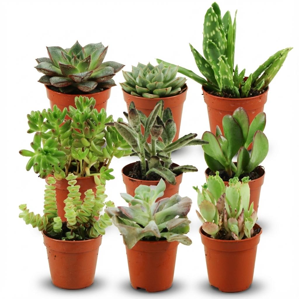 Mini Sukkulenten-Mix von Everspring, 9 kleine Pflanzen, Durchmesser 5,5 cm, Höhe 5-10 cm, im Topf auf einem weißen Hintergrund