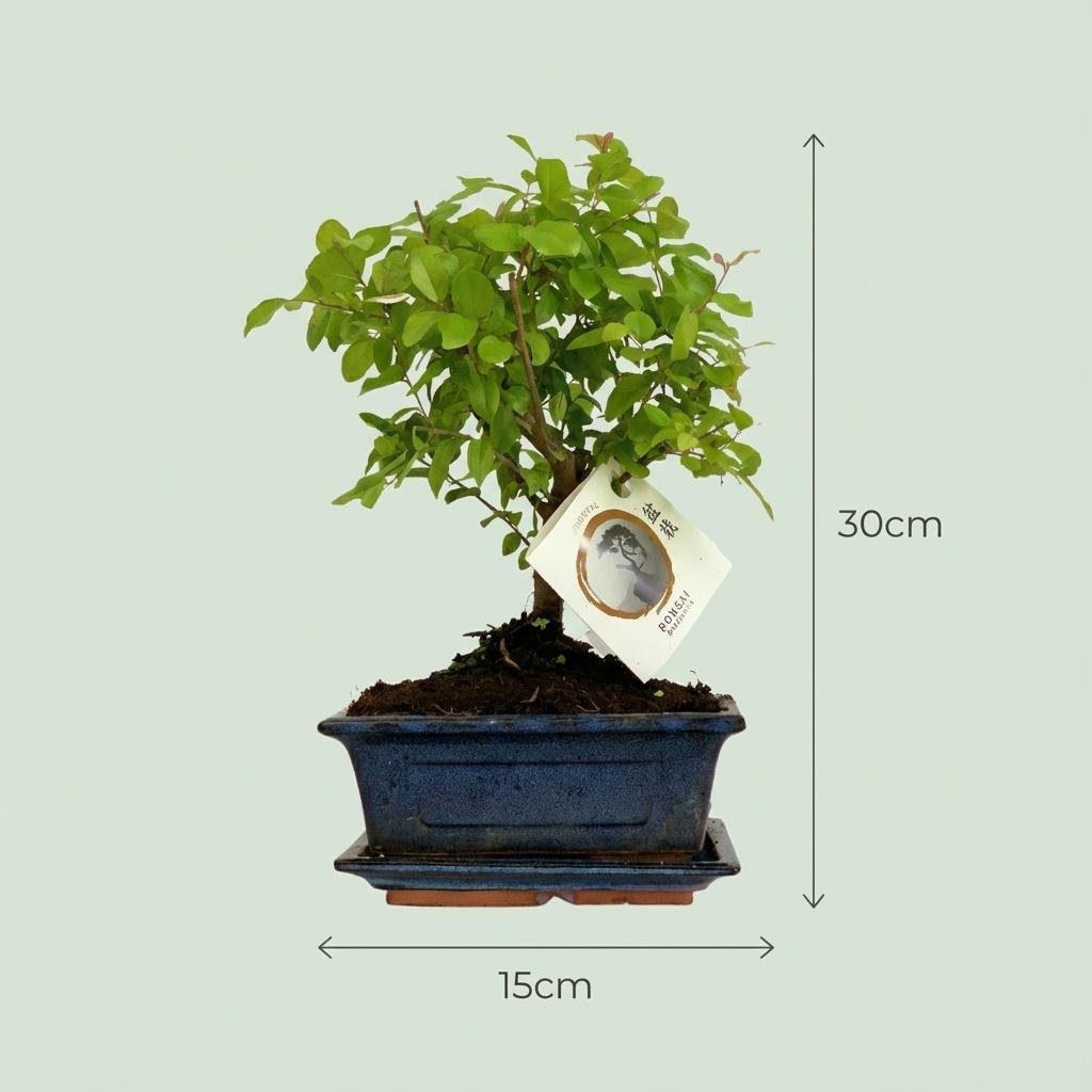Bonsai Kugelform Baum im Keramik Topf, Everspring, Höhe 25-30 cm, grün mit kleinen Blättern, auf einer weißen Oberfläche.