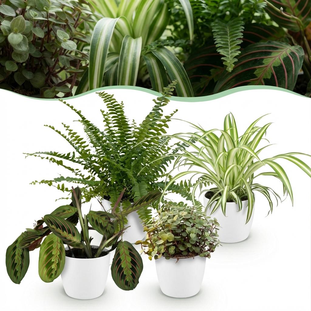 Vier Zimmerpflanzen im weißen, grauen oder Korb, inklusive Chlorophytum, Maranta, Calissia und Nephrolepsis, 25 cm hoch
